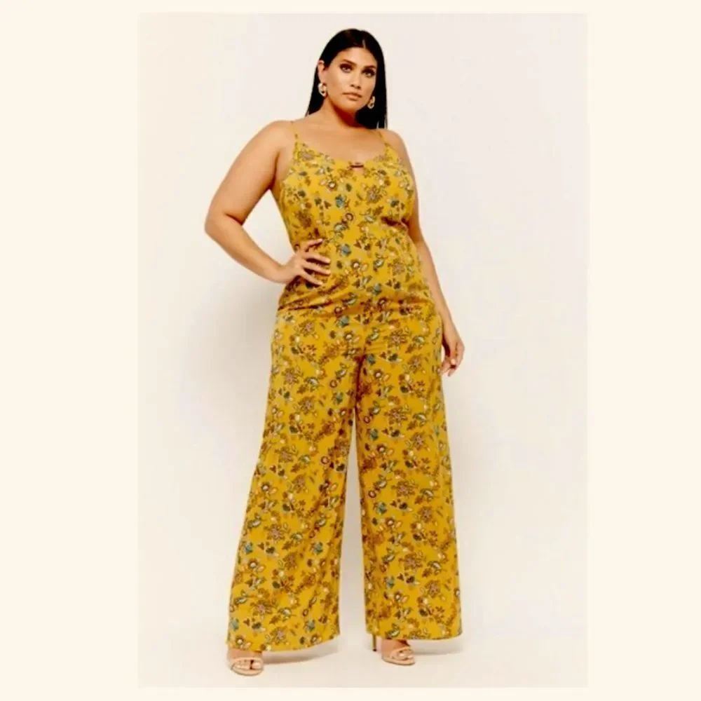 Forever 21 Womens Harvest Yellow Floral Wide Leg Jumpsuit Boho Cottagecore 3X - Picture 10 of 12